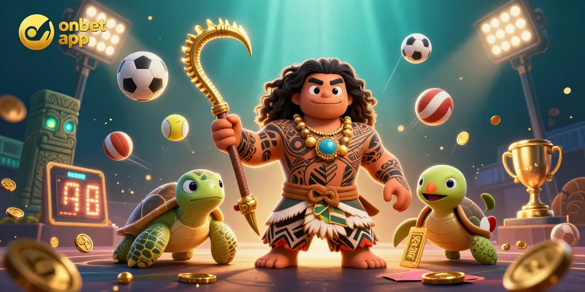 Experience the thrill of the onbet app with a dynamic scene of gaming action featuring a Polynesian demigod and vibrant casino elements.