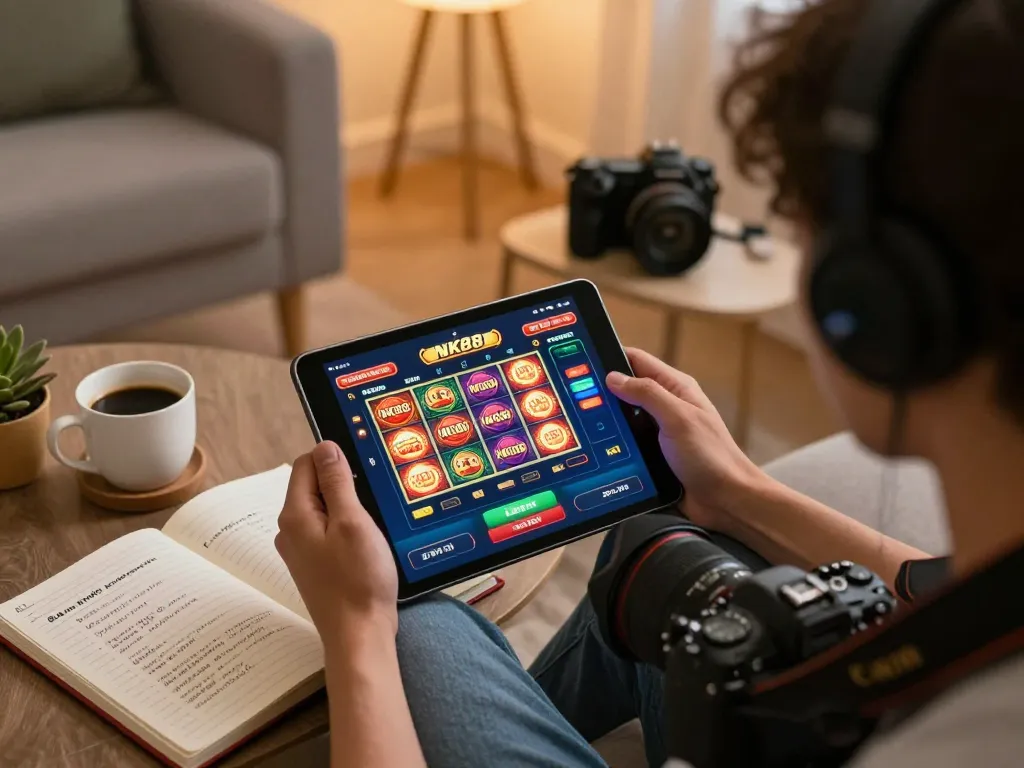 Engaging with the NK88 casino app while managing bankroll on a cozy sofa