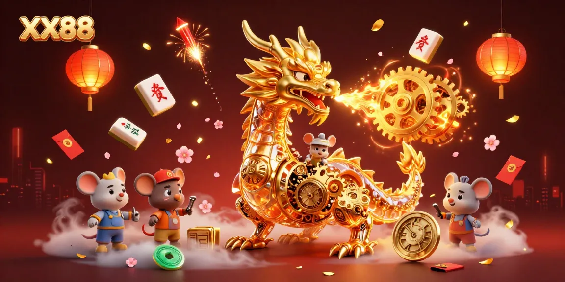 Experience thrilling games at XX88 with a golden dragon and vibrant decorations.