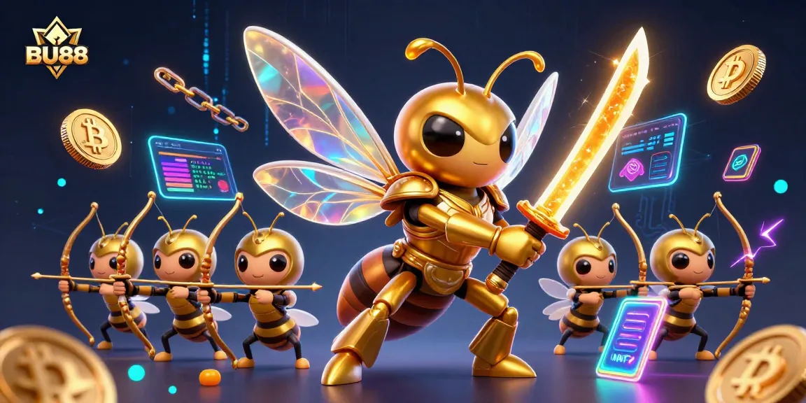 Engage in thrilling crypto gaming with BU88 showcasing a golden hornet samurai and bee archers.