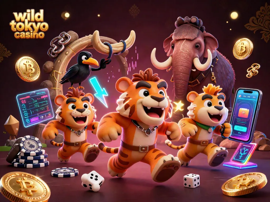 Experience thrilling gameplay at wild tokyo casino with a vibrant cartoon scene of characters and crypto elements.