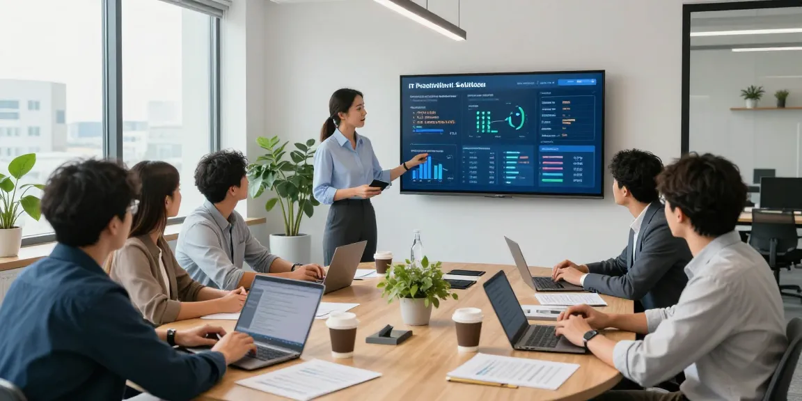 Team strategizing IT support in business during a meeting with data dashboards and laptops in modern office.
