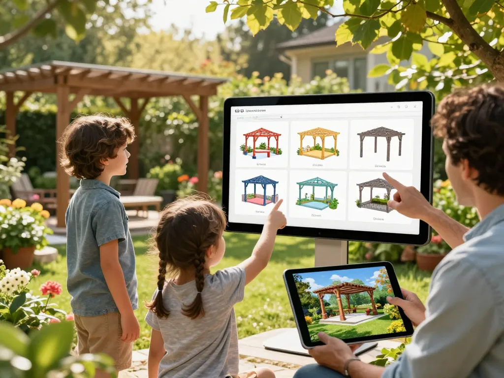 Interactive configuratore 3D pergola experience in a vibrant garden setting, showcasing family design collaboration.