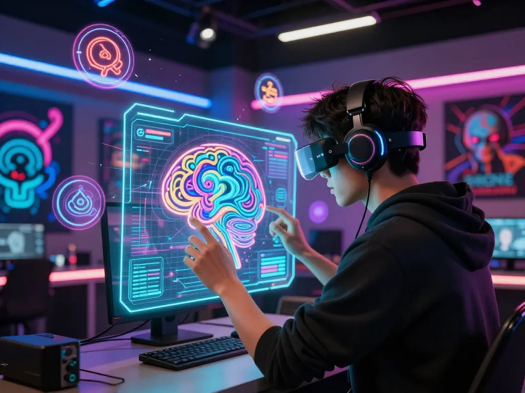 Engaging mind control porn game scene with character using a futuristic headset and holographic interface.