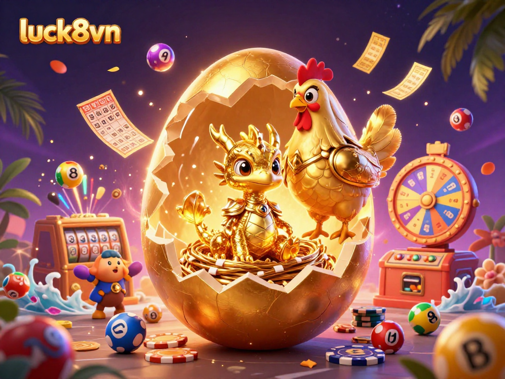 Engage with luck8vn's vibrant 3D illustration showcasing a golden dragon and casino elements, perfect for gamblers.