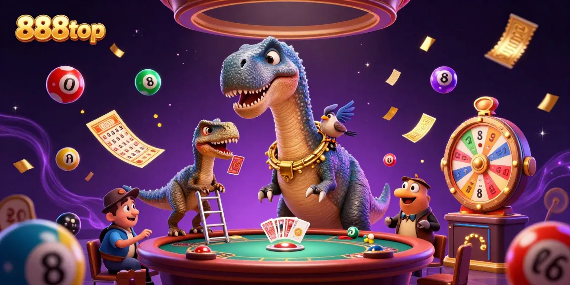 Experience the thrill of 888top's vibrant casino scene with a unique brontosaurus dealer.