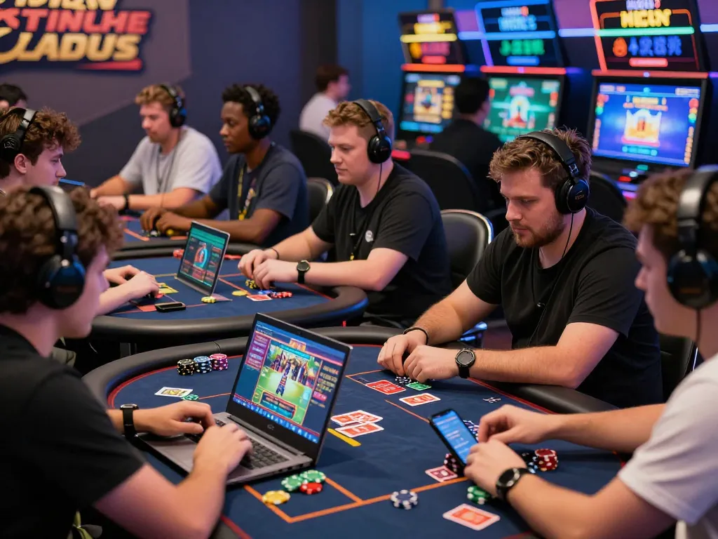 Dynamic online gaming excitement at https://nohu78.de.com with diverse players engaging in virtual casino games, colorful graphics visible on screens.