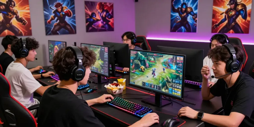 Exciting gaming community engaged in a rokok88 competition with multiple screens and vibrant atmosphere.