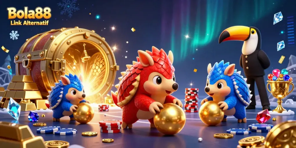 Spin and roll with Bola88 Link Alternatif as pangolins collide with poker chips in a vibrant 3D scene.