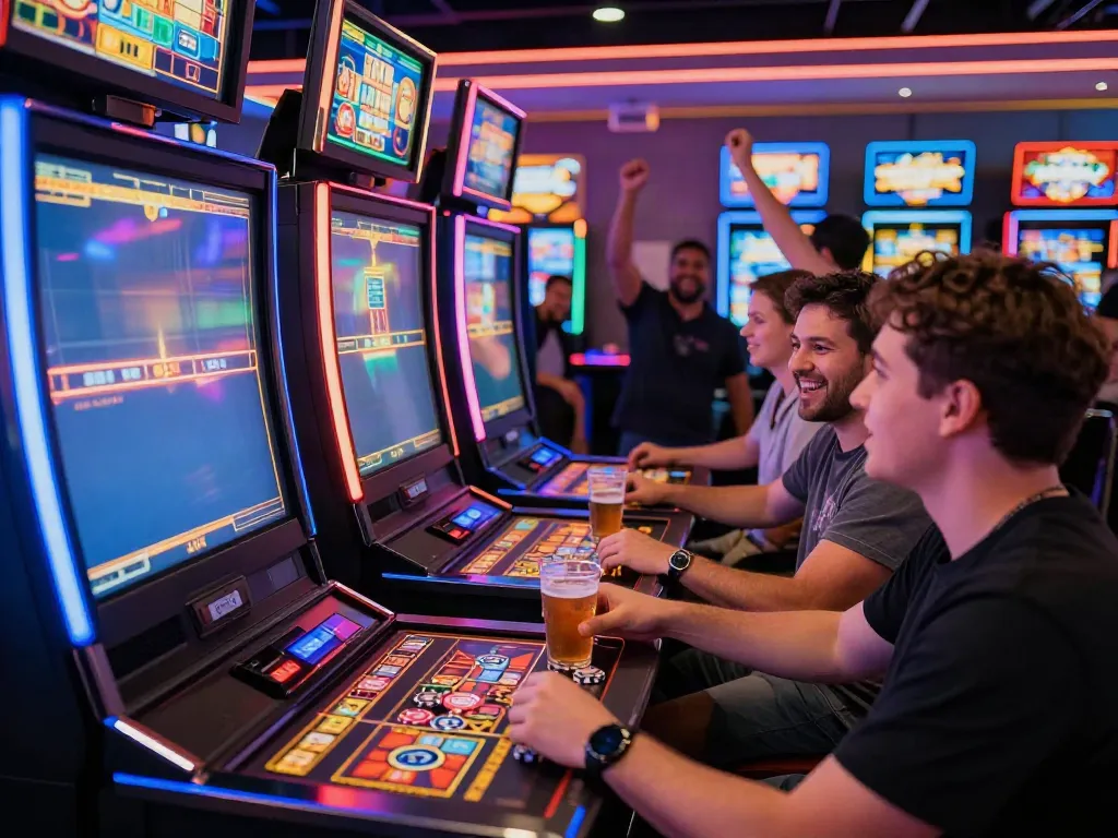 Exciting rokok 88 slot gaming scene with diverse players enjoying vibrant machines.