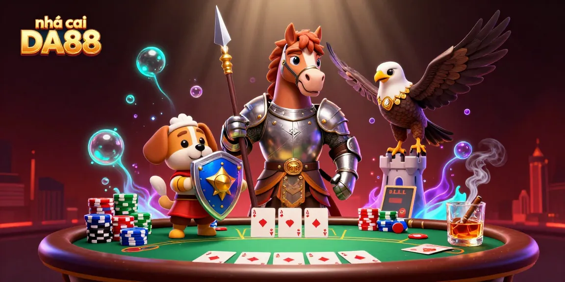 Experience exhilarating gaming with nhà cái DA88's vibrant, dynamic casino scene featuring a medieval knight and playful characters.