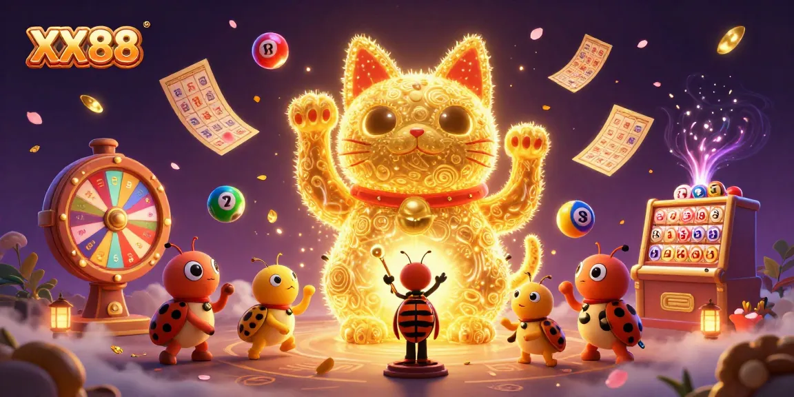 Experience exciting jackpots with the golden lucky cat at XX88, surrounded by vibrant casino symbols.