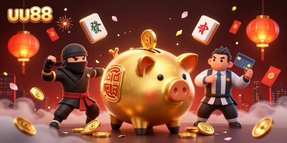 uu88's dynamic casino scene with a golden piggy bank sumo wrestler, wallet-ninja, and samurai referee.
