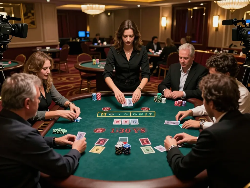 Players engage at a blackjack table in an upscale casino atmosphere, showcasing 33win com spirit of strategic gameplay.