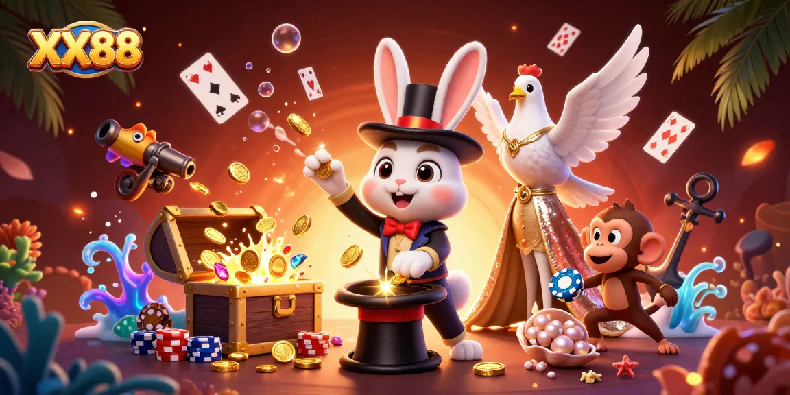 Experience the excitement of XX88 with a dynamic 3D illustration featuring vibrant casino elements.
