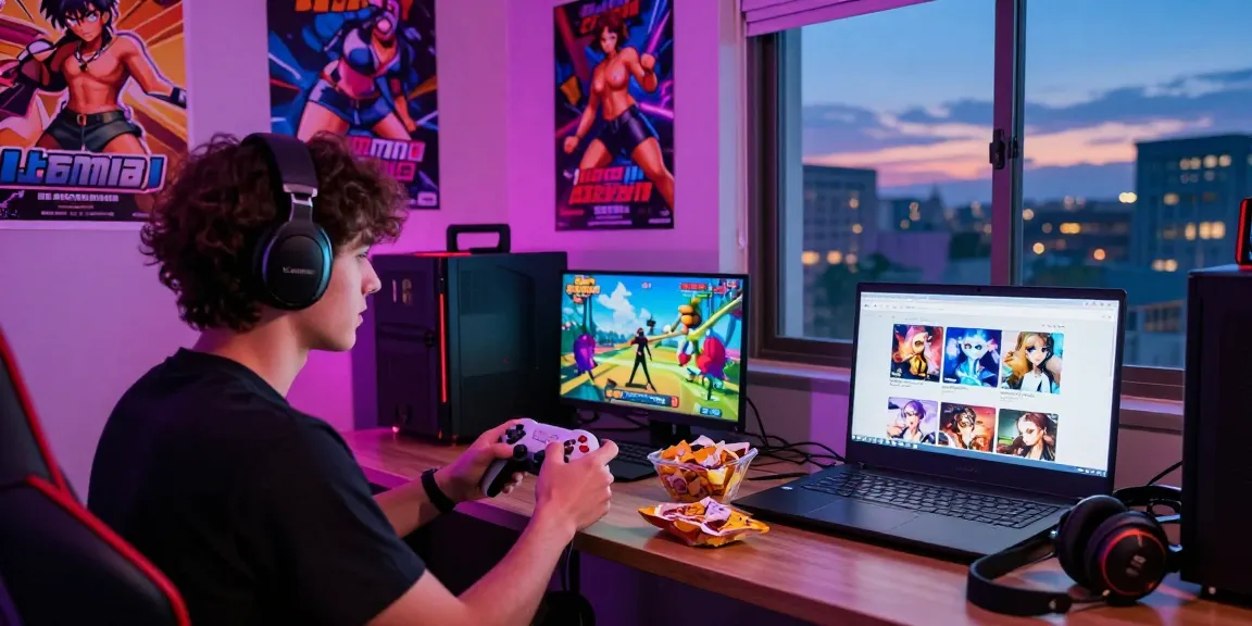 Engaged player enjoying free hentai games in a vibrant gaming setup with colorful lighting.