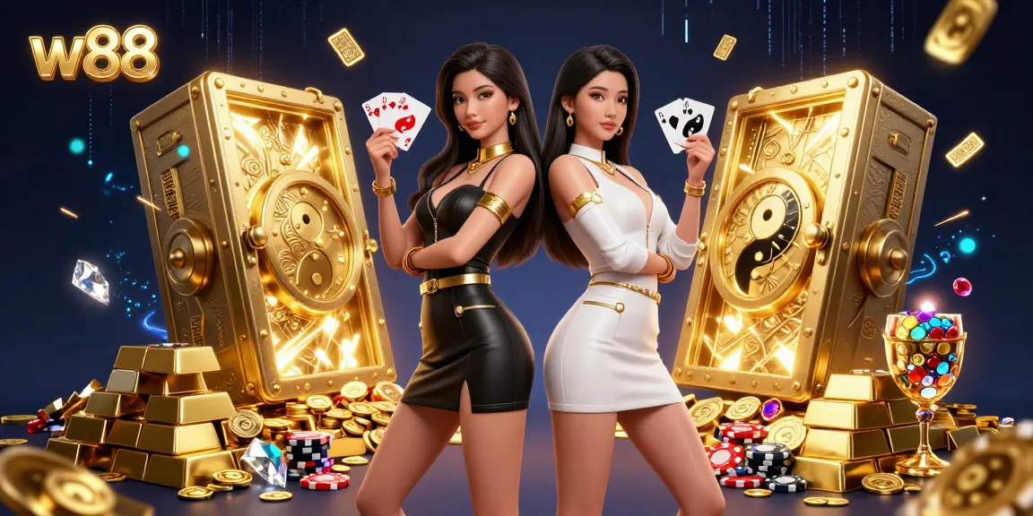 w88 illuminates excitement as twin Asian women showcase vibrant card play in a rich casino scene.