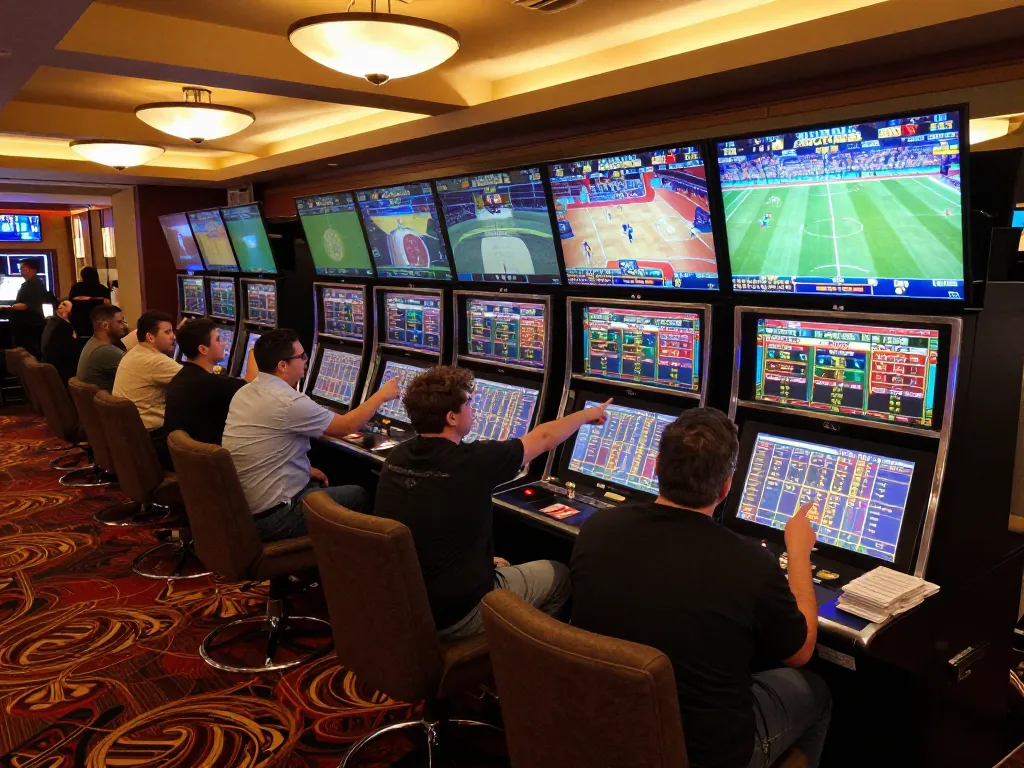 Engaging sports betting scene at mm 88 with enthusiastic players and live event screens