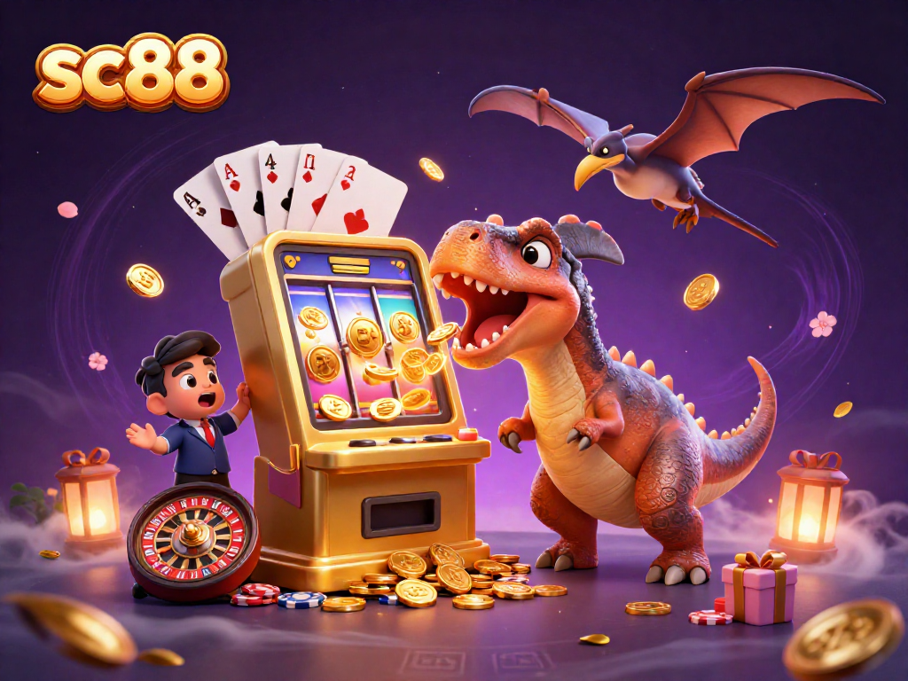 sc88 showcases a cartoon dinosaur winning jackpots from a golden slot machine, packed with casino elements.