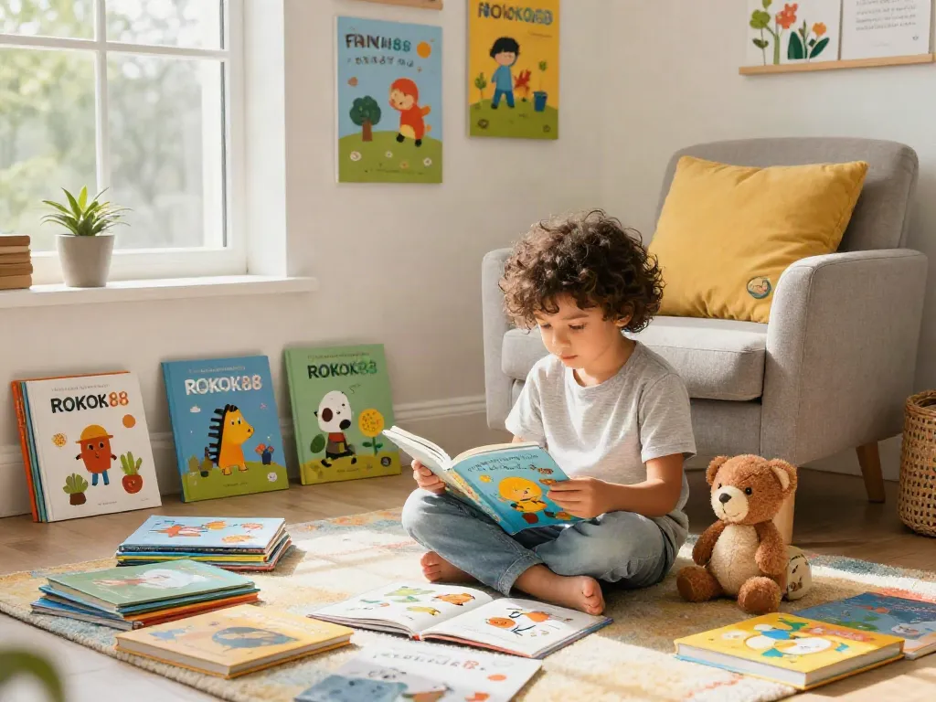 Child engrossed in reading ROKOK88 storybook in colorful reading nook.