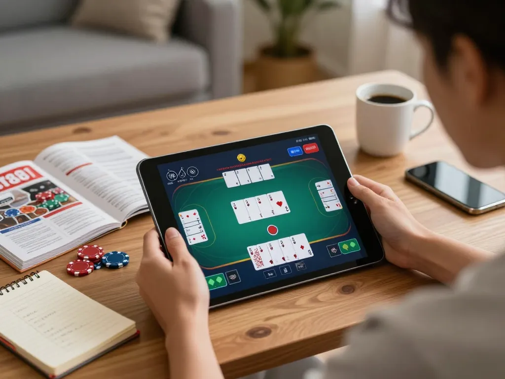 Engaging gameplay on XX88, showcasing a player immersed in strategic poker action using a tablet.
