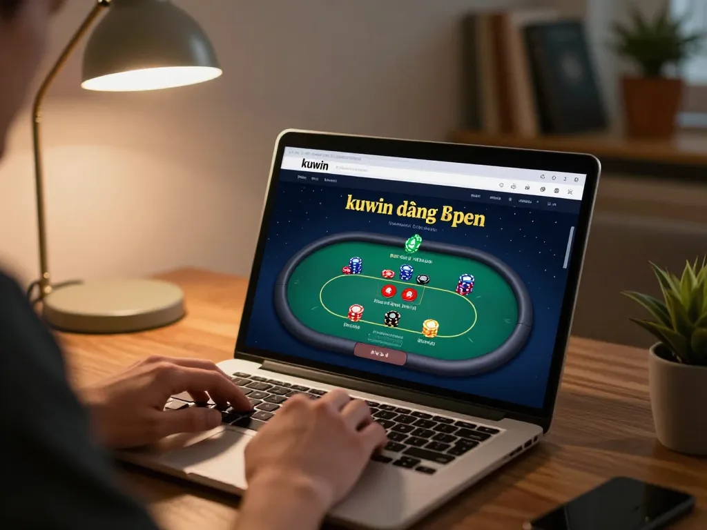 Kuwin đăng nhập screen displaying online poker game on laptop in a cozy home setting