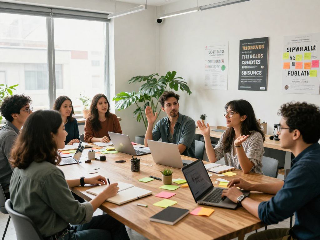 Entrepreneurs in co-working space discuss their hustle journeys with focus on rokok88 rtp.