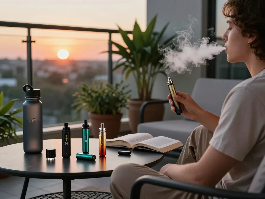 Scena di relax sul balcone con una persona che si gode una penna per svapare THC al tramonto, circondata da dispositivi per vaporizzare e piante.