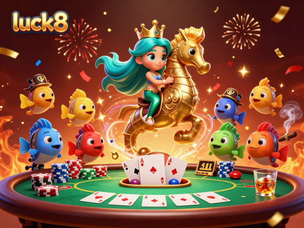 Experience the vibrant luck8 casino scene featuring a mermaid princess and poker elements.