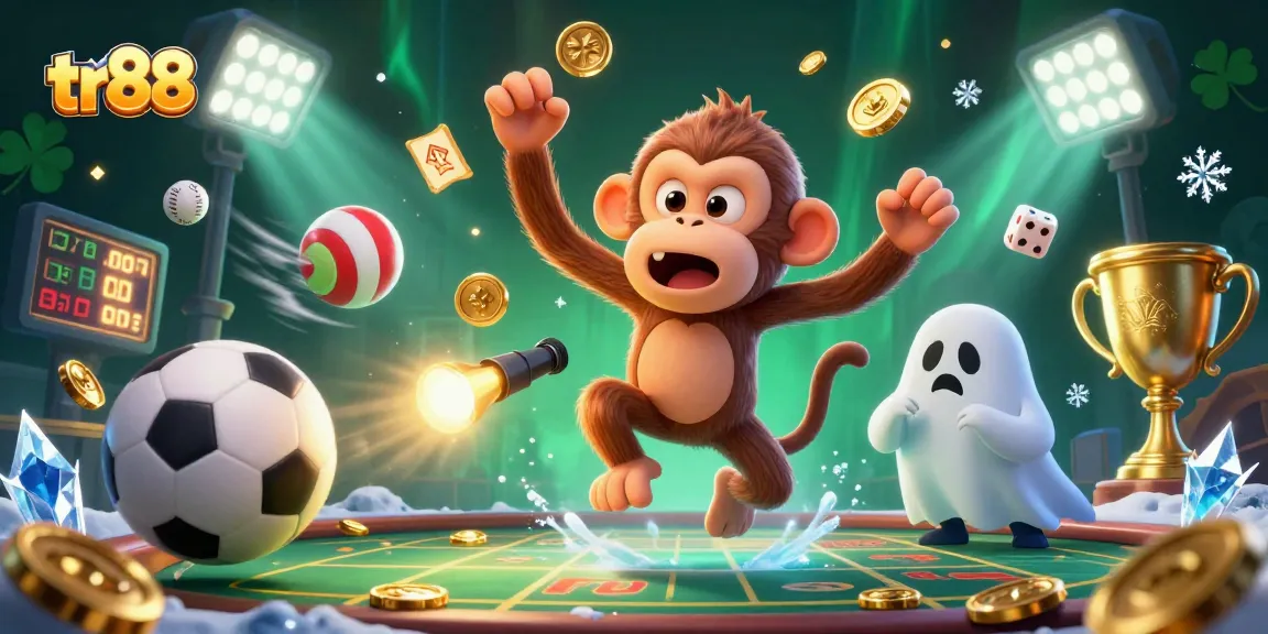 tr88 showcases a playful scene with a ghostly monkey juggling coins in a haunted casino, enticing bettors.