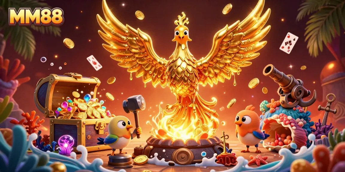 Experience thrilling gameplay with MM88 as golden phoenix rewards players with treasures.