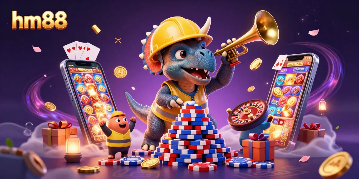 Engaging scene of hm88 casino fun, showcasing triceratops and parasaurolophus celebrating with poker chips.