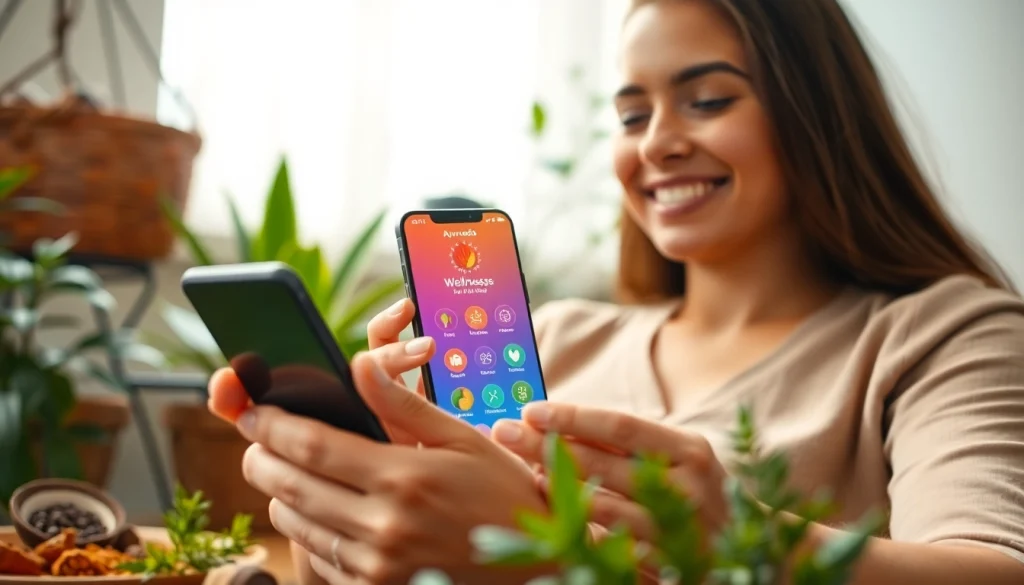 Engaging interaction with Ayurveda Mobile App showcasing wellness features and calming atmosphere.