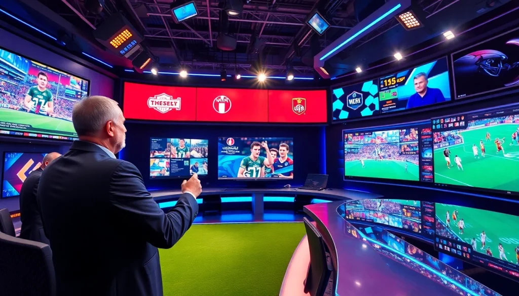 Engaging sports broadcasting studio with dynamic setup showcasing live sports highlights.