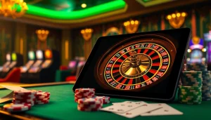 Experience thrilling gameplay at https://888vi.io/ with a luxurious casino setup featuring poker chips and roulette.