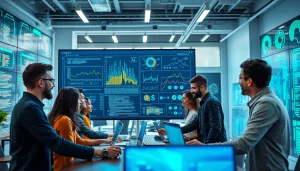 Developers collaborating on AI Software projects in a modern tech workspace, showcasing teamwork and innovation.