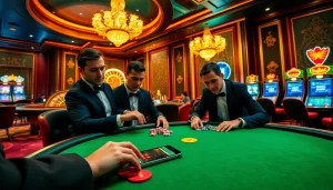 Players engaging in casino games at a luxury setting, highlighting go8 betting interfaces.