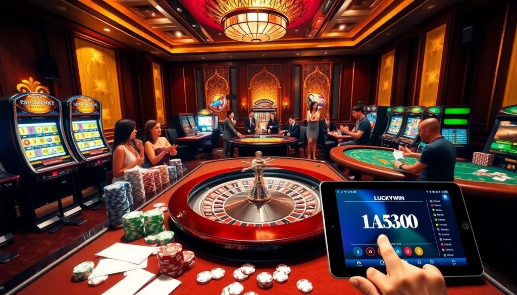 Join the excitement at Luckywin's thrilling casino table, where players engage in high-stakes games.