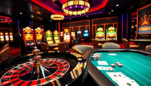 Excited players at a vibrant casino scene featuring 789f roulette and poker tables.