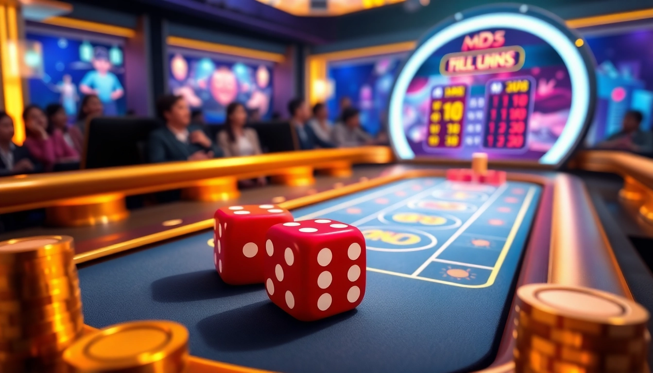 A vibrant scene depicting players engaging with the game tài xỉu md5 at a luxurious online casino.