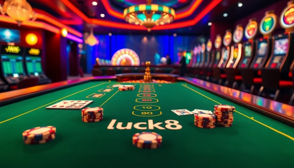 Experience high-stakes action at luck8's vibrant casino tables, featuring roulette and blackjack.