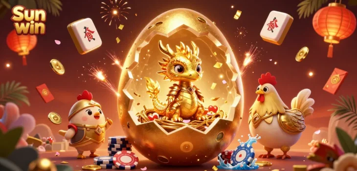 Engage in thrilling gaming with Sun win; a vibrant scene showcasing a golden dragon and poker chips.