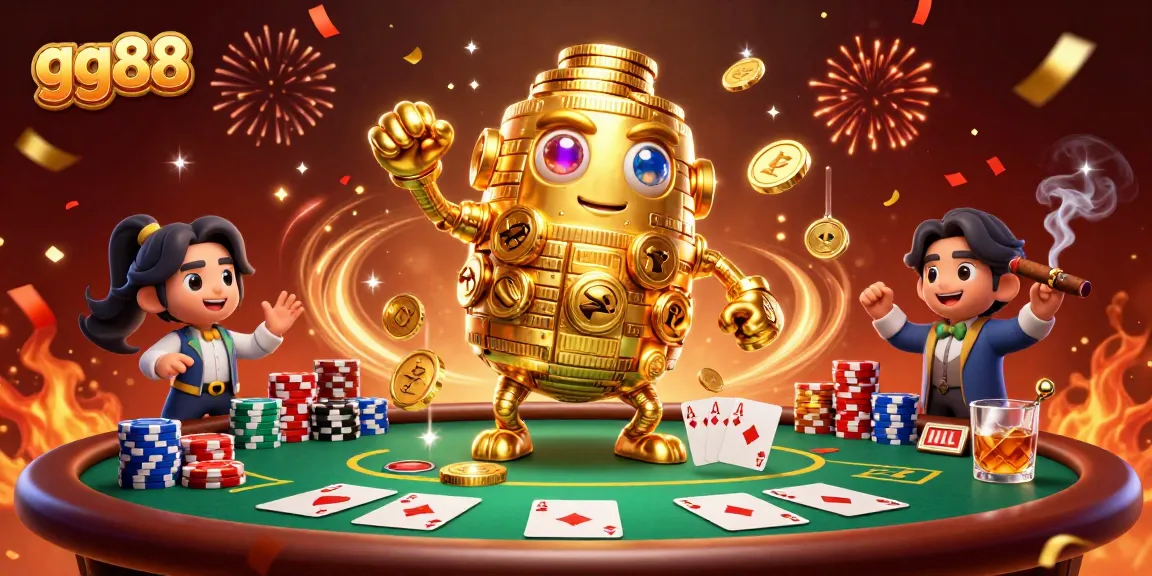 spin the reels with gg88's golden golem amidst vibrant casino elements