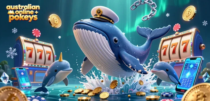 Play dynamic australian online pokies with a captivating whale and narwhal in a treasure-filled scene.