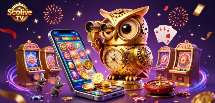Socolive TV features a lively 3D scene with an owl overseeing a bustling casino floor, surrounded by gaming elements.