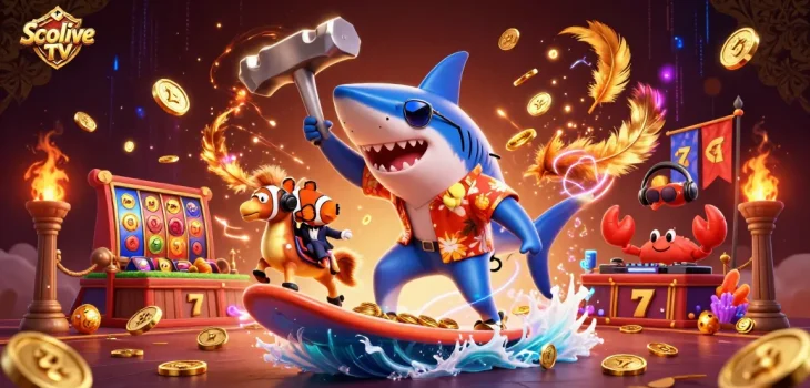 Socolive TV showcases a dynamic 3D casino scene with cartoon characters and vibrant gambling elements.