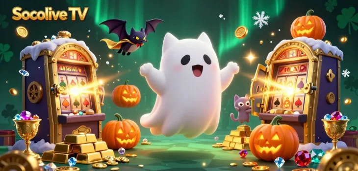 Socolive TV showcases a vibrant ghostly cat enjoying a thrilling casino adventure, surrounded by treasure.