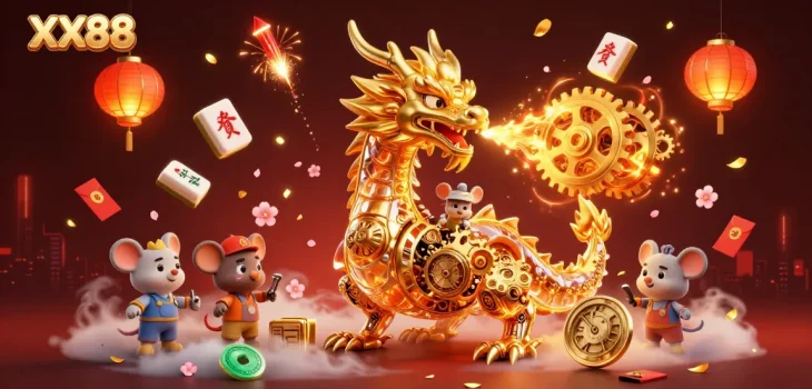 Experience thrilling games at XX88 with a golden dragon and vibrant decorations.