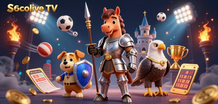 Socolive TV showcases thrilling sports betting action with colorful sports balls and a knight in a dynamic scene.