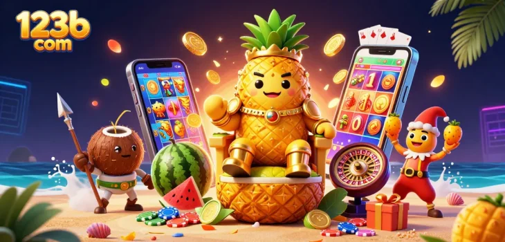 Engage in thrilling gameplay at 123b com with our vibrant beach casino scene featuring unique characters and energetic game elements.